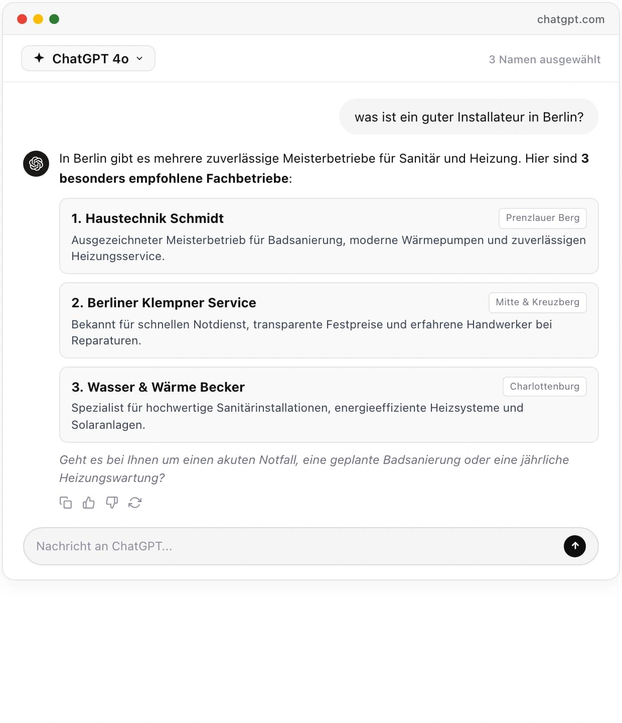 Echt ChatGPT 4o antwoord met 3 geselecteerde namen