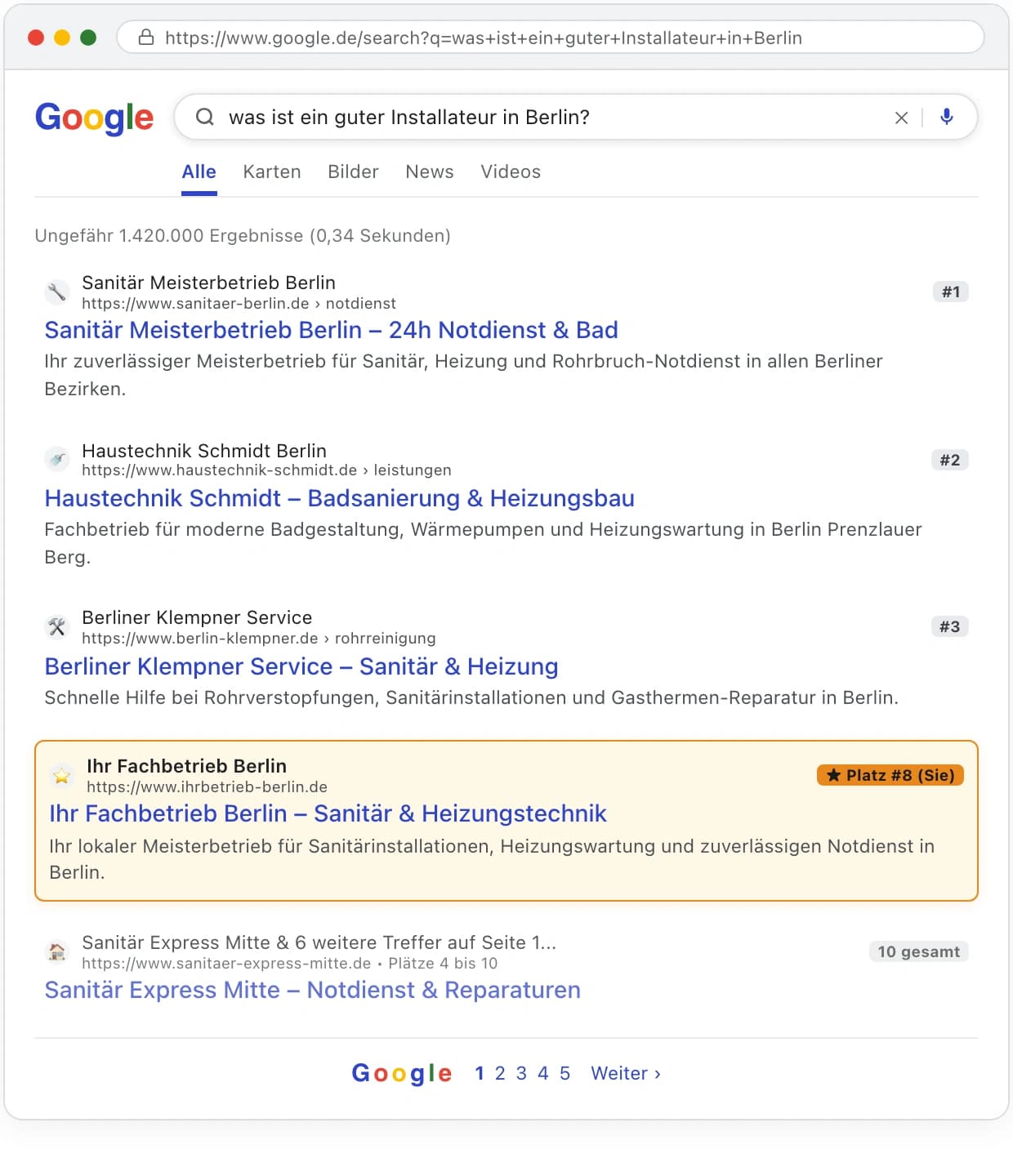 Echte Google zoekresultaten met 10 plekken op pagina 1