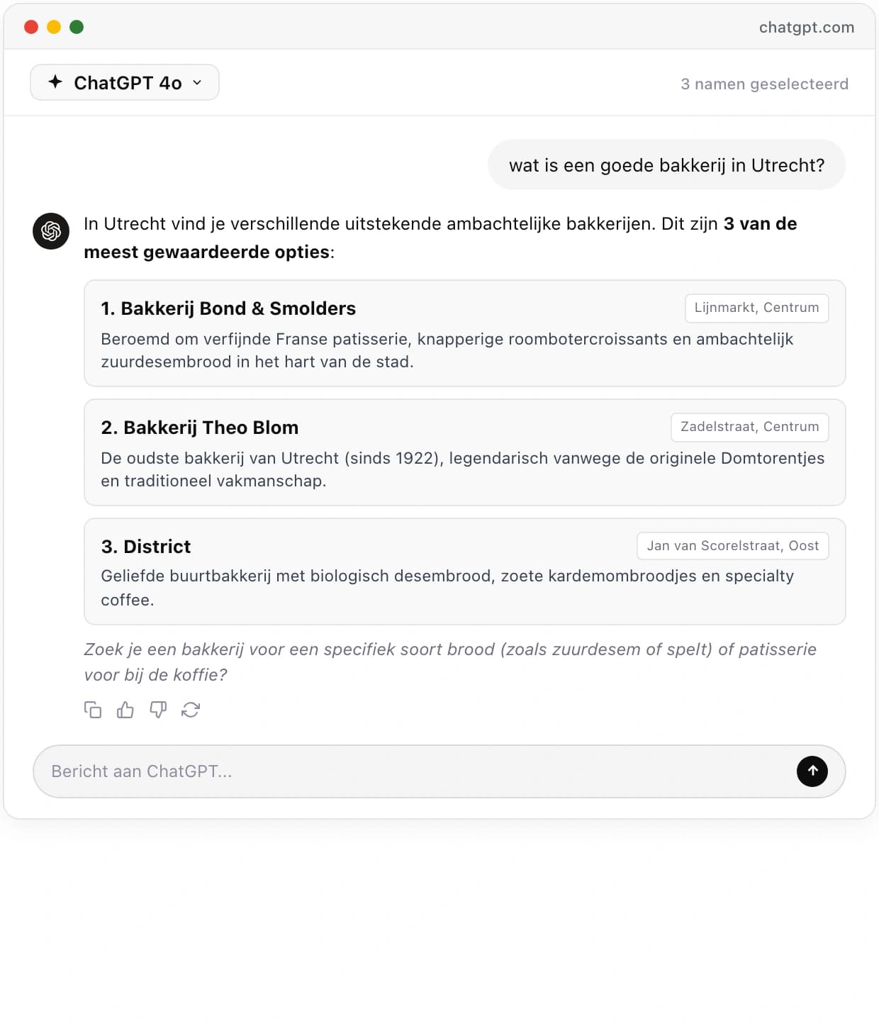 Echt ChatGPT 4o antwoord met 3 geselecteerde namen